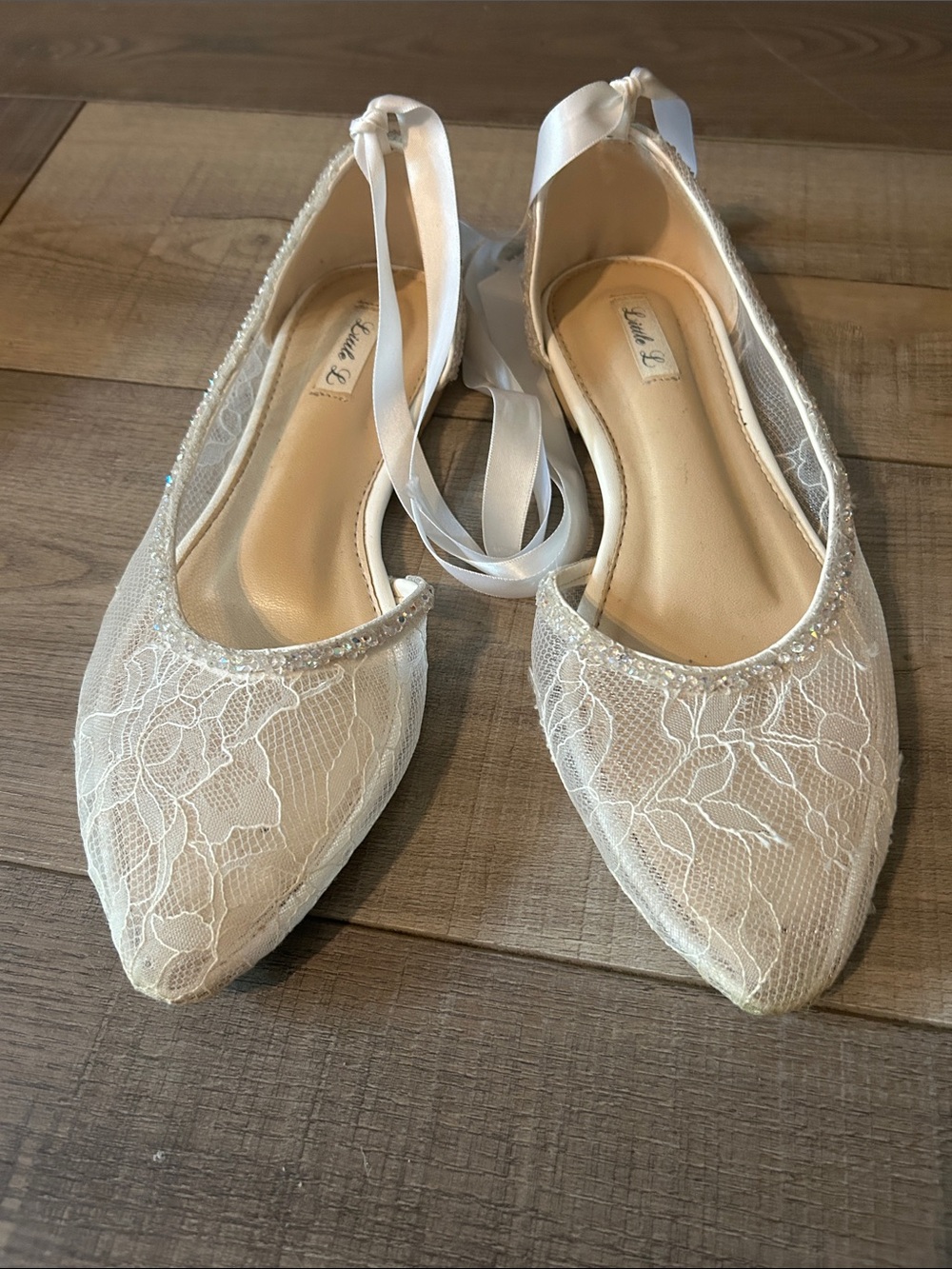 Ivory Lace Pointed Ballet Wedding Flats with Ribbon Ties